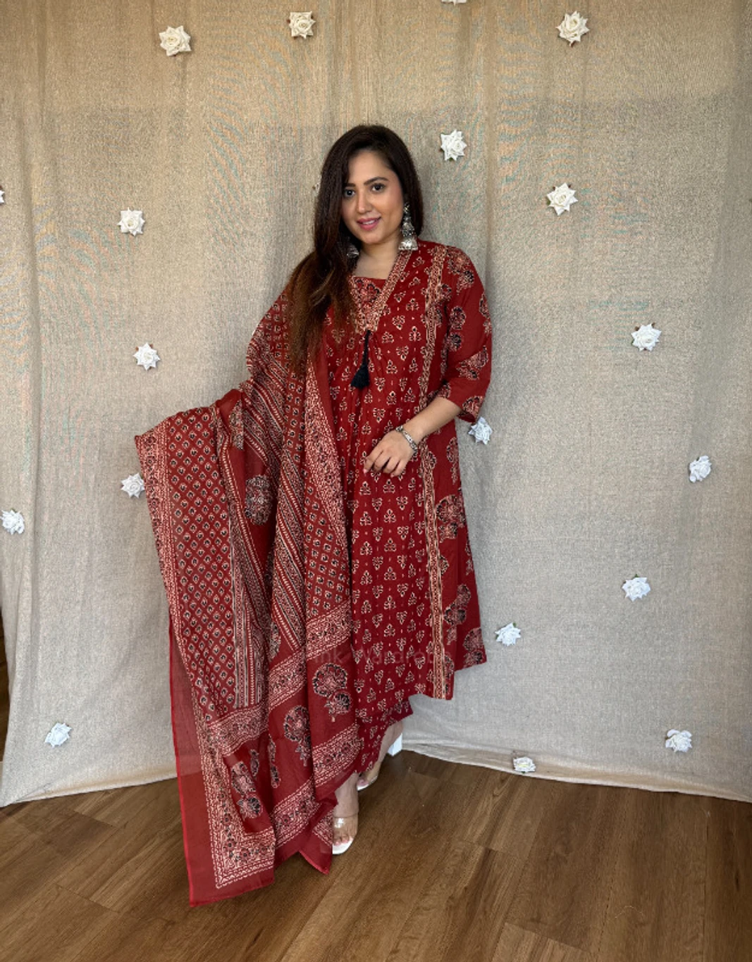 Pure Cotton Kurta Pant Dupatta Set | Maroon